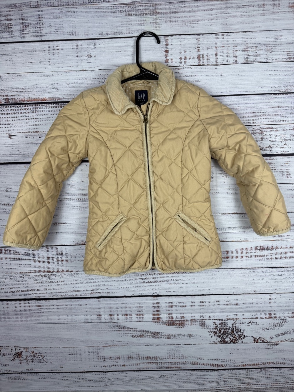 GAP Kids Quilted Jacket Girls XS 4-5 Tan Beige Polka Dot Lining